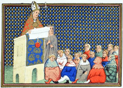 Ärkebiskopen av Canterbury predikar för den engelska adeln mot Richard II, faksimilkopia från Le Prinse et Mort du Roy Richart av Jean Creton, omtryckt 1800-talet av French School