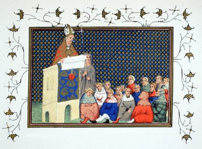 Ärkebiskopen av Canterbury predikar för den engelska adeln mot Richard II, faksimilkopia från Le Prinse et Mort du Roy Richart av Jean Creton, omtryckt 1800-talet av French School