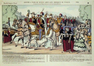 Sultan Abd al-Aziz (1830-76) anländer till Paris 1867 (färgat gravyr) av French School