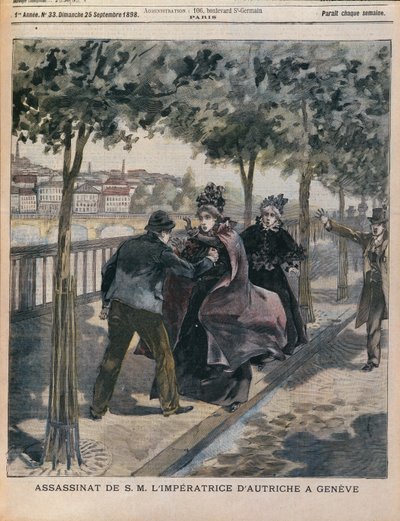 Mordet på Elizabeth (1837-98) Kejsarinna av Österrike i Genève, främre omslaget till LANnee Illustree, 25 september 1898 (färgstick) av French School