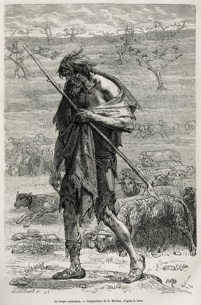 Den australiensiska herden, graverad efter en teckning av D. Maillart, för att illustrera berättelsen sex månader i Australien, av Desire Charnay, en missionsuppgift från Ministry of Public Education, 1878, publicerad i tour du monde, under ledning av E av French School