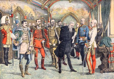 Den österrikisk-ungerska krisen. Kejsaren Franz Joseph I tar emot de ungerska baronerna som ber om allmän rösträtt i Ungern. Illustration för Le Petite Journal av French School