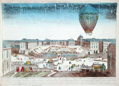 Francois Pilatre de Roziers (1754-96) ballongresa över Chateau de Versailles, 23 juni av French School