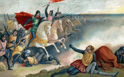 Slaget vid Hastings den 14/10/1066 mellan sachsarna av Harold II och Norman Armee (William I the Conquerant). Kromolitografi från slutet av 1800-talet. av French School