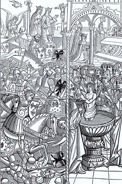 Slaget vid Tolbiac och Kung Clovis dop, från "Mirouer Historial de France", publicerad 1516 av French School