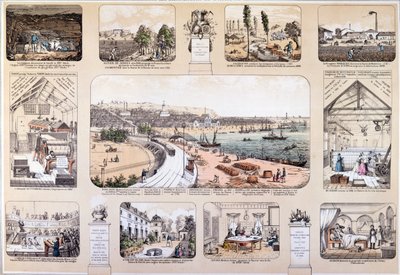 The Benefactors of Mankind, skylt som visar stora uppfinningar, andra hälften av 1800-talet (färggravyr) av French School