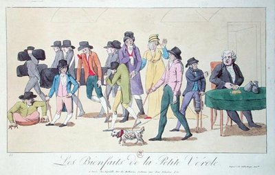 Fördelarna med smittkopporna, karikatyr, c.1804 (färggravyr) av French School