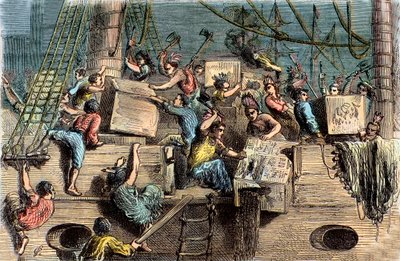 The Boston Tea Party, 6 december 1773. av French School
