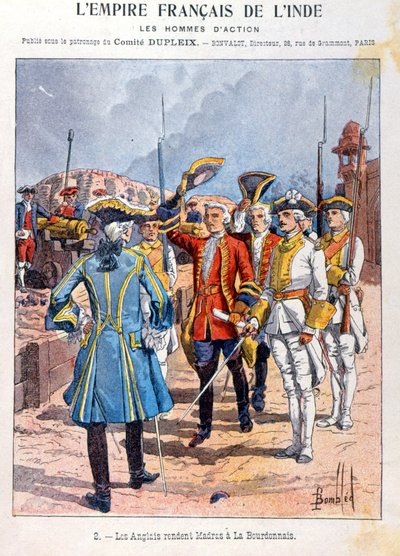 Britterna överlämnar Madras till den franske befälhavaren Mahe de la Bourdonnais 21 september 1746, omslag till skolövningsbok, ca 1900 av French School