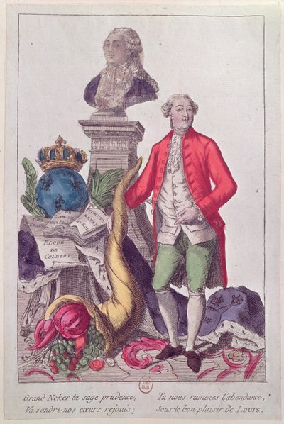 The Call of Jacques Necker (1732-1804) 16 juli 1789 (färgad gravyr) av French School