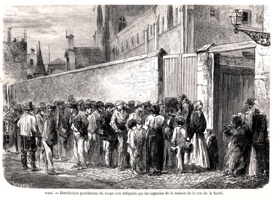 Kapucinerna i rue de la Sante distribuerar den dagliga soppan till de fattiga, från Le Monde Illustre, 1860 av French School