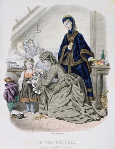 The Charitable Visit, illustration från La Mode Illustree, ca 1870 (färggravyr) av French School