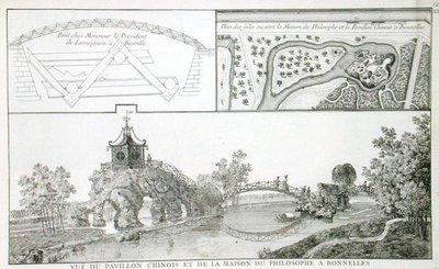 Den kinesiska paviljongen och filosofins hus i Parc de Bonnelles, nära Paris, från 