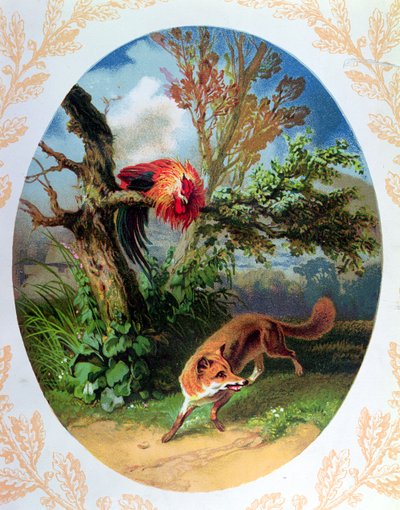 Tuppen och räven, illustration efter fabeln av Jean de la Fontaine (1621-95) c.1860-80 av French School