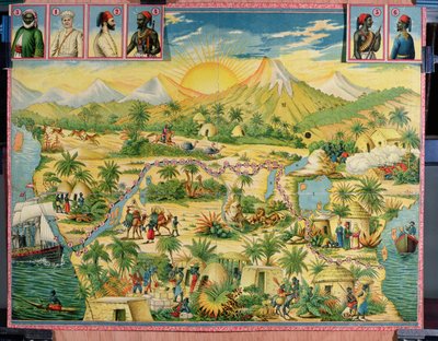 The Conquest of Africa, brädspel baserat på Sir Henry Morton Stanleys (1841-1904) och David Livingstones (1813-73) resor (färgstick) av French School