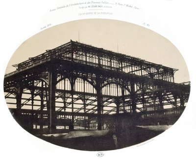 Konstruktionen av Halles centrala marknad, från Revue generale de larchitecture et des travaux publics, 1856 (foto litho) av French School