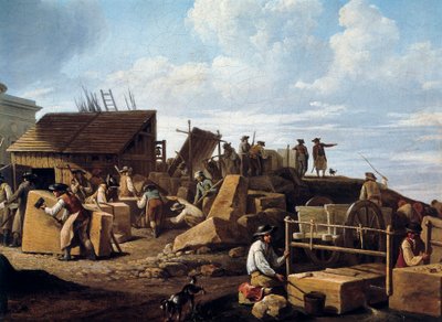 Byggandet av Hotel de Salm, Paris (detalj), 1786 (olja på duk) av French School