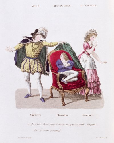 Greven upptäcker Cherubin, akt I scen 9 från Figaros bröllop av Pierre Augustin Caron de Beamarchais (1732-99) av French School