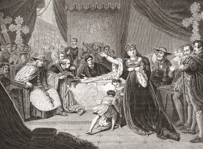 Court for the Trial of Queen Katharine av George Henry Harlow, avbildande Mrs. Siddons som drottning Katharine i Shakespeares Henry VIII. Från Histoire des Peintres, École Anglaise, publicerad 1867 (litho) av French School