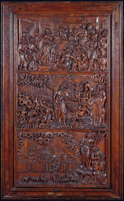 The Credo, Panel IV: The Remission of Sins, Ezekiels Vision of the Dry Bones och St. Johns Vision of Jerusalem, 1587 (trä) (se även 414036-8) av French School