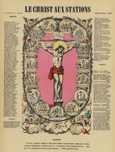 Jesu korsfästelse och korsvägarna (färglitografi) av French School