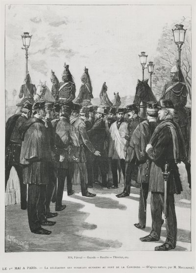 Fackföreningarnas delegation vid Pont de la Concorde under demonstrationen den 1 maj i Paris den 1 maj 1890, graverad av L. Moulignie, regravering) av French School