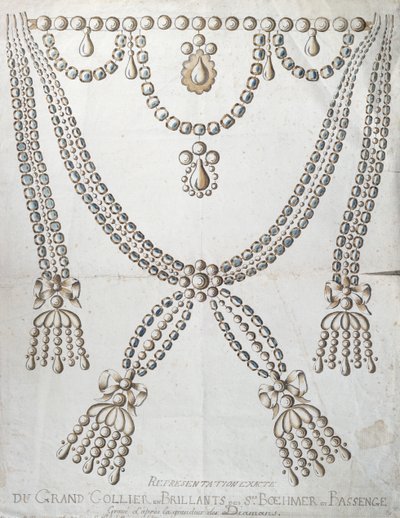 Diamanthalsbandet involverat i Collier de la Reines affär, c.1785 av French School