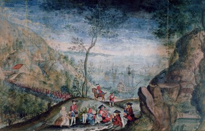 Landstigningen av 50 soldater från Karrer schweiziska regementet i Louisbourg på ön Cap-Breton mellan 1722-33 (wc på papper) av French School