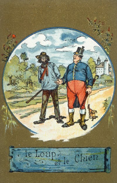 Hunden och vargen, från Fables av Jean de La Fontaine (1621-95) av French School