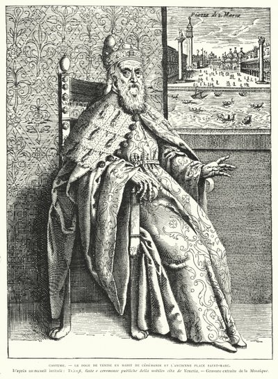 Dogen av Venedig i sina ceremoniella dräkter och det gamla Markusplatsen (gravyr) av French School