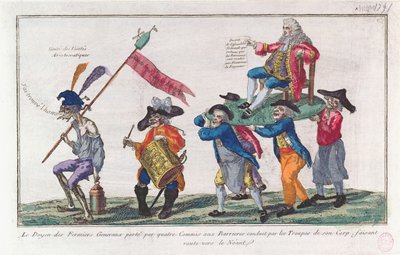 The Doyen of the Fermiers Generaux bärs av sina vakter mot Nothingness, 1791 (handfärgad akvatint) av French School