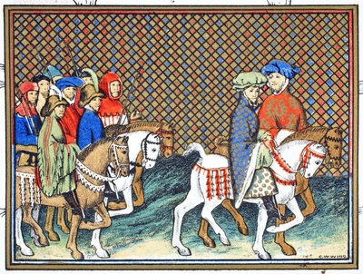 Hertigarna av Exeter och Surrey skickade av Richard II från Conway castle till Chester för att behandla med hertigen av Lancaster, faksimilkopia från Le Prinse et Mort du Roy Richart av Jean Creton, omtryckt 19:e av French School
