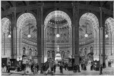 Electricite Exhibition i Wien (Österrike), en översikt över den stora rotundan upplyst av elektriskt ljus. Gravyr i "" Nature. Granskning av vetenskap och dess tillämpningar på konst och industri. 1884. av French School