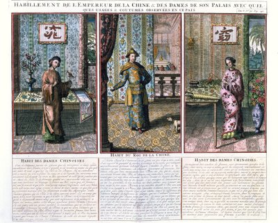 Kejsaren av Kina och två adelskvinnor, illustration från ett nytryck av China Monumentis av Athanasius Kircher (1601-80) av French School
