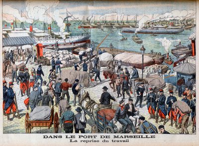 Slutet på strejken i Marseille, illustration från "Le petit Journal", 23 oktober 1904 - I MARSEILLES HAMN - Återgången till arbetet - Efter för långa arbetslösa dagar har Marseilles hamn äntligen återupptagit all sin verksamhet av French School