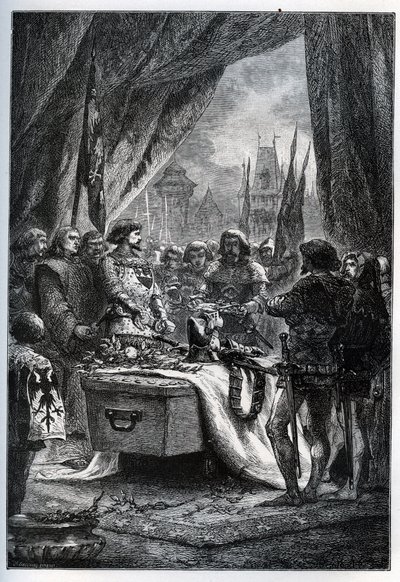 Den engelske guvernören i Chateauneuf de Randon (Chateauneuf-de-Randon, Auvergne) kapitulerade och kom att lägga nycklarna till torget på Bertrand du Guesclins kista (1320-1380), den 13 juli 1380, framför vilken staden låg. belägring. Le connetable die av French School