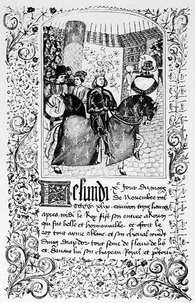 Karl VII:s (1403-61) intåg i Rouen 1450, från ett manuskript som innehåller berättelsen om hundraåriga kriget, illustration från vetenskap och litteratur under medeltiden och renässansen av French School