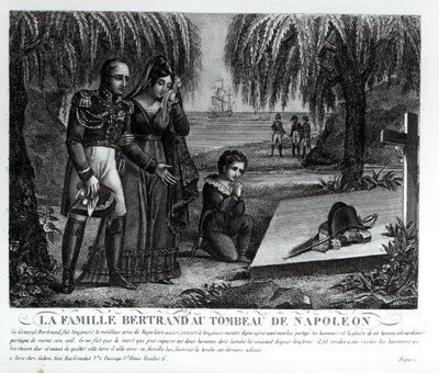 General Henri-Gratien Bertrands (1773-1844) familj vid Napoleon Bonapartes grav (1769-1821) 1821 (litho) (bw foto) av French School