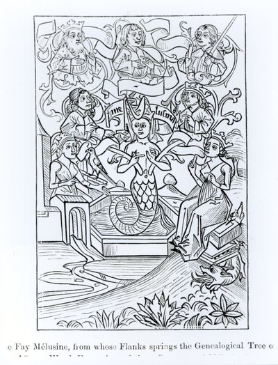 Fay Melusine, från vars flanker utspringer det genealogiska trädet av kungar och kejsare, illustration från vetenskap och litteratur under medeltiden och renässansen, skriven och graverad av Paul Lace av French School