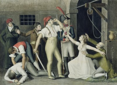 Madamemoiselle de Sombreuils barnsliga och heroiska hängivenhet i september 1792, ca 1800 (penna och bläck, wc och gouache på papper) av French School
