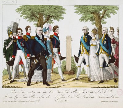 Det första mötet mellan Ludvig XVIII (1755-1824) och Marie-Caroline-Ferdinande (1798-1870) av Bourbon, vid Croix de St. Herem i Fontainebleau-skogen, 15 juni 1816, 1816-30 (färgad engr. av French School