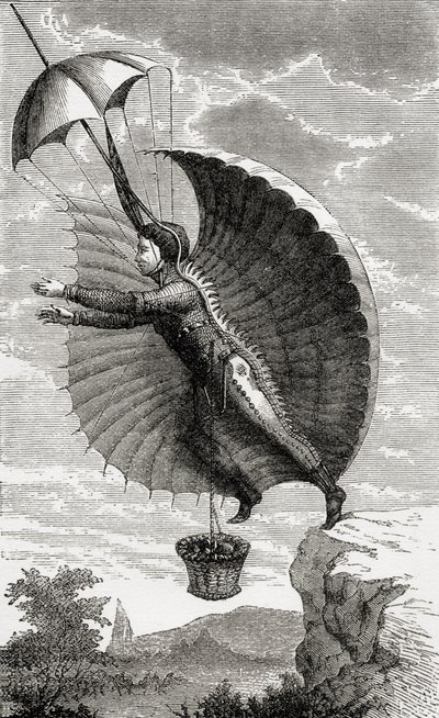 The Flying Man, graverad efter Nicolas Edme Restif de la Bretonne, från "Wonderful Balloon Ascents or the Conquest of the Skies", av Fulgence Marion, publicerad ca 1870 av French School