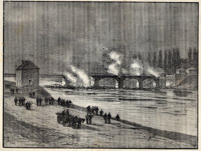 Det fransk-preussiska kriget - Försvaret av Paris-bränning av bron i Asnieres - Brand av bron i Asnieres under belägringen (försvaret) av Paris Gravyr i "" Les combatants de 1870-71"" av befälhavare Leonce Rousset (1850- 1938) - Franco Preussian War - ( av French School