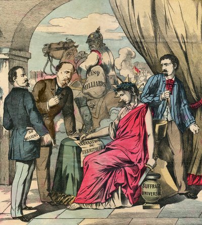 Frankfurtfördraget som undertecknades den 10 maj 1871 avslutade det fransk-tyska kriget, efter förhandlingar mellan Adolphe Thiers och Otto von Bismarck: Frankrike fick avstå från Alsace och en del av Lorraine och betala 5 miljarder franc. Gravyr, i "Le Fi av French School