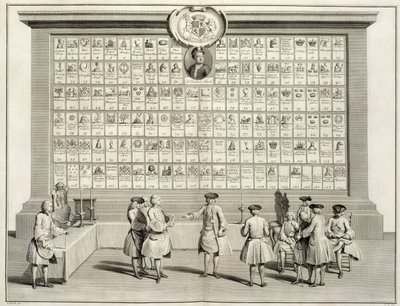 Frimurarna, med skyltar för de olika logerna, från The Ceremonies of Religion and Custom, c.1733 av French School