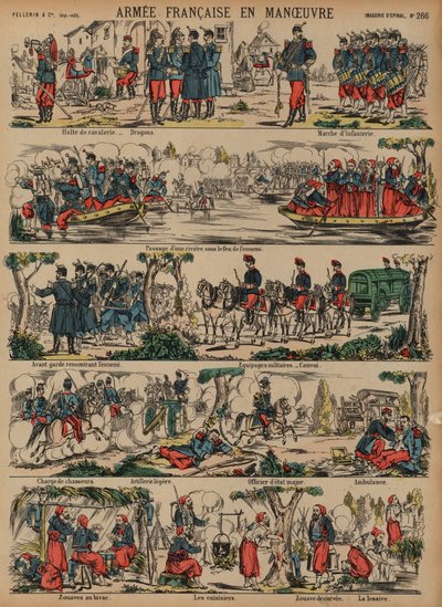 Franska armén på manövrar (färgad gravyr) av French School