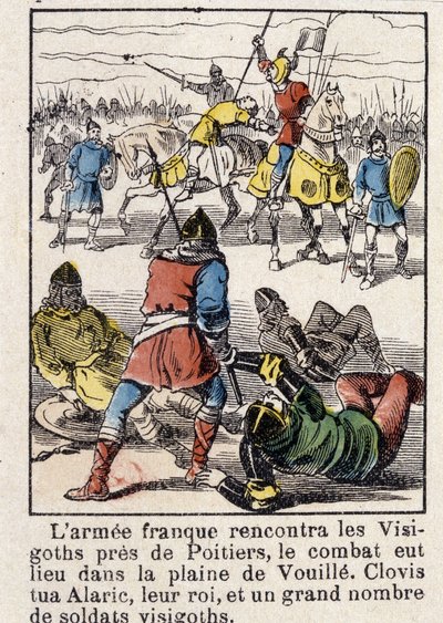Den franska armén mötte visigoterna nära Poitiers, striden ägde rum på slätten Vouille. Clovis dödade Alarik, deras kung, och ett stort antal västgotiska soldater, år 507. av French School