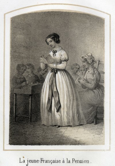 Den franska flickan läser för sina klasskamrater. Anonym gravyr från 1800-talet av French School