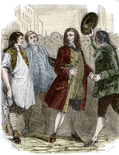 Den franske författaren och filosofen Francois-Marie Arouet dit Voltaire (1694-1778) återvände till Frankrike efter sin exil. Gravyr av 1800-talet. av French School
