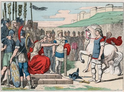Den galliske kocken Vercingetorix (80-46 f.Kr.) åker till Jules Cesar (100-44 f.Kr.) till Alesia 52 f.Kr. - Vercingetorix (72-46 f.Kr.) gallisk ledare, kapitulerande till Caesar i Alesia (Frankrike) - Gravering av slutet av 1800-talet i "" Nos Gires Nation av French School
